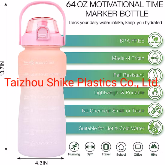 Герметичный тритан, не содержащий BPA, 2 л, кувшин для воды для занятий спортом на открытом воздухе и для фитнеса, с маркером времени, большая пластиковая мотивационная бутылка для воды
